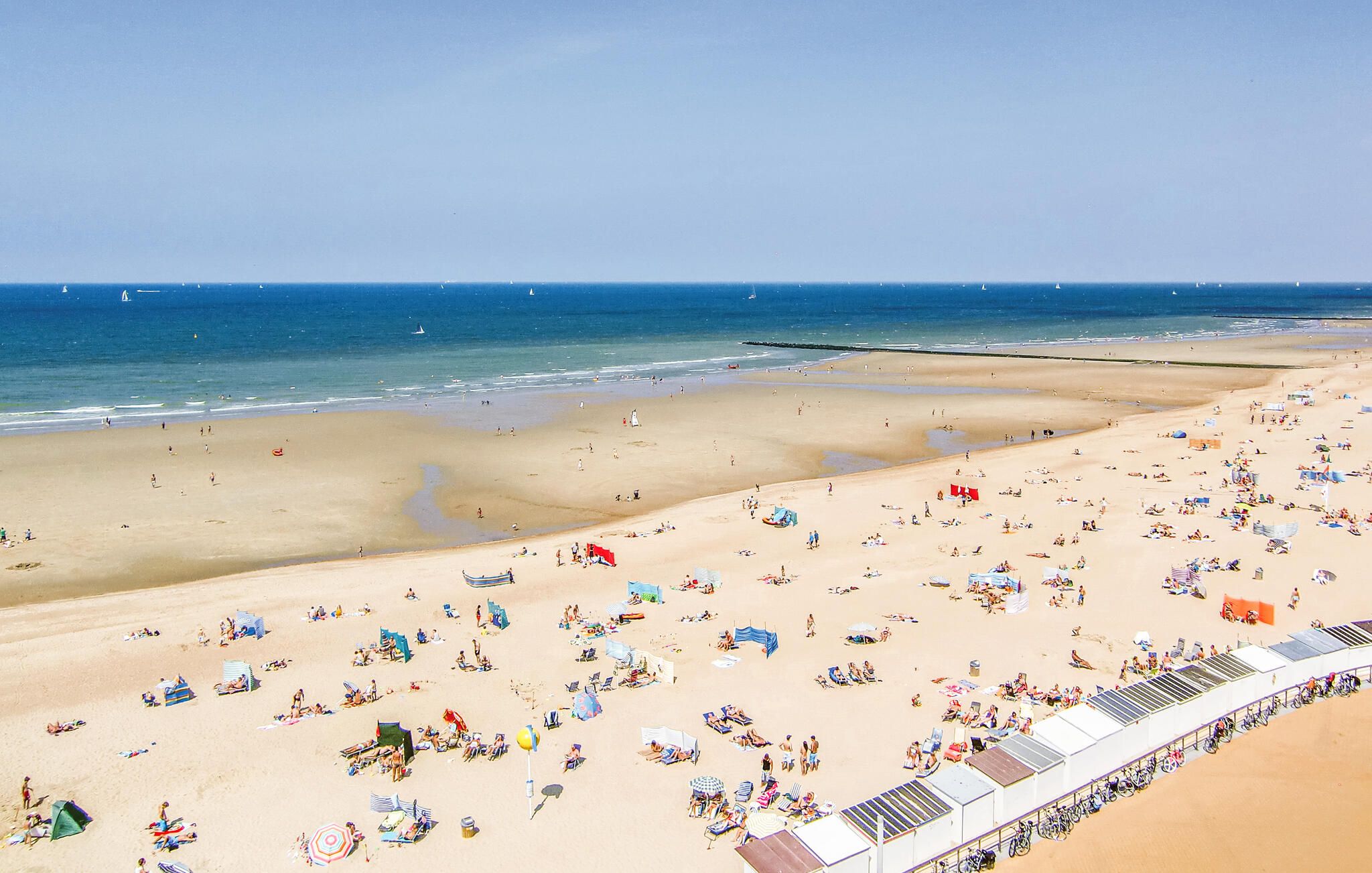 A beach with numerous sunbeds and umbrellas, a clear sky, and the ocean in the background.