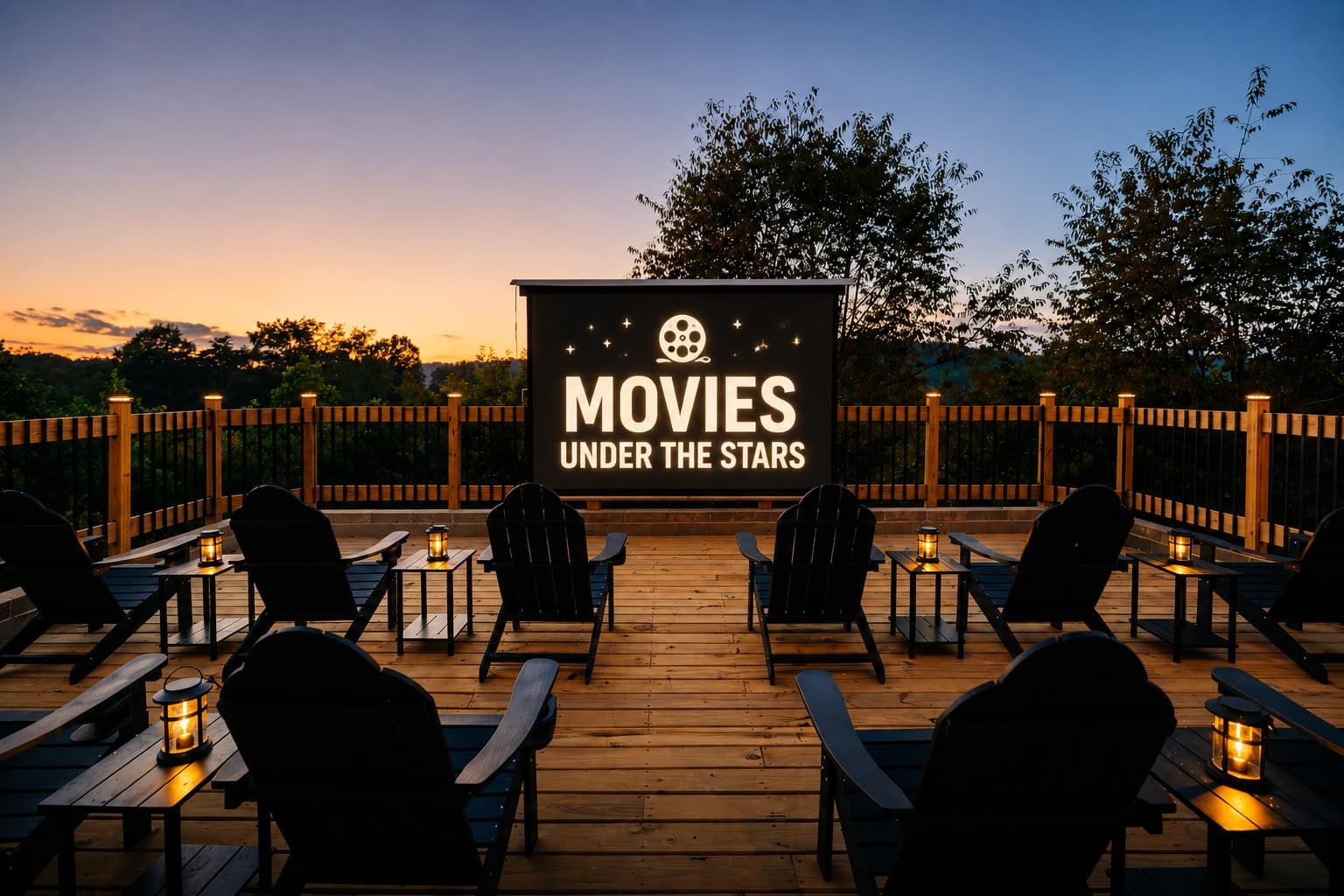 Un espace extérieur aménagé pour les projections de films, avec une terrasse en bois, des sièges et un grand écran diffusant des films dans le cadre de l'événement « CINÉMA À LA BELLE ÉTOILE ».