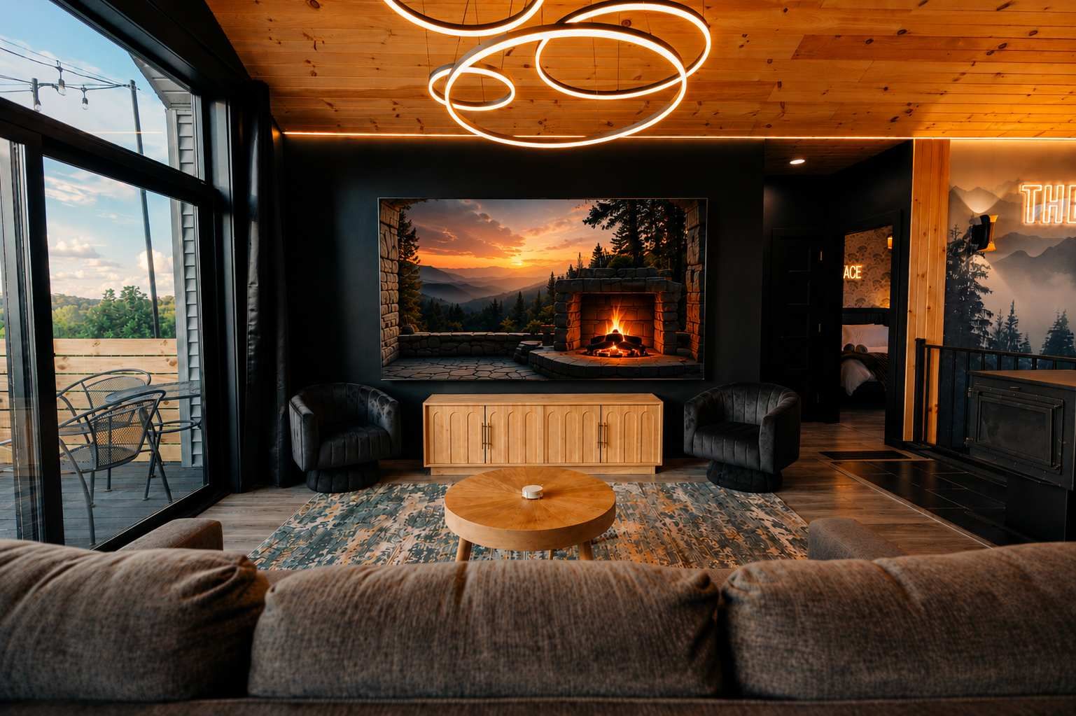 A modern living room with a fireplace, leather sofas, a coffee table, and a large window offering a scenic view.