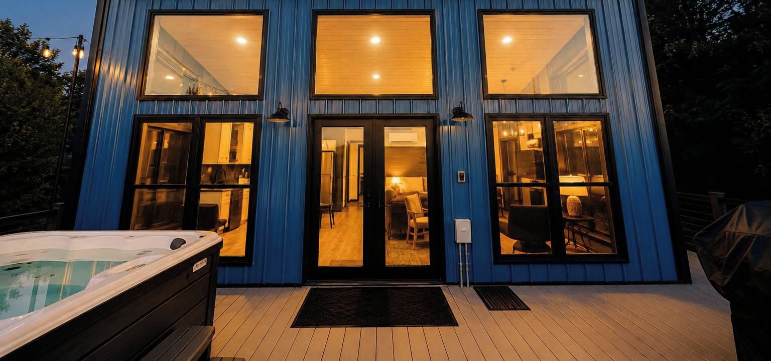Een modern gebouw met grote ramen en een jacuzzi buiten.