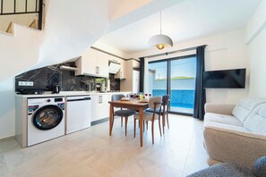 A modern kitchen with a built-in washing machine, a dining area with a table and chairs, and a large window with a view of the sea.