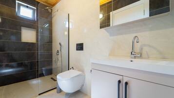 A modern bathroom with a shower, toilet, and sink.