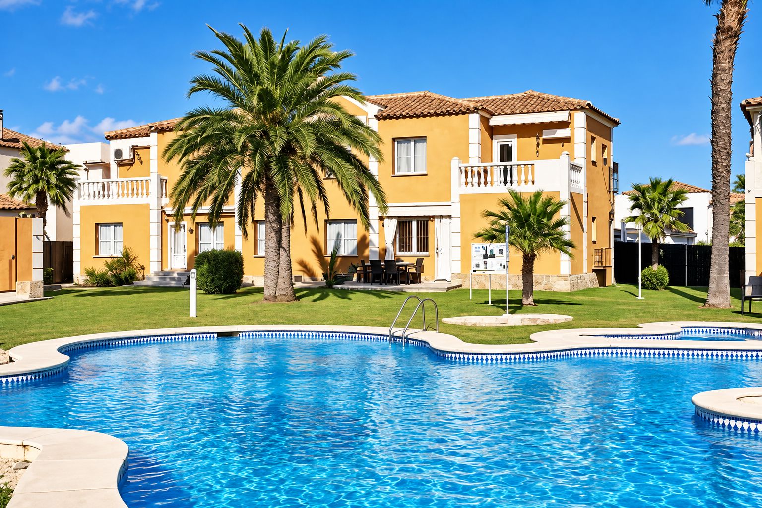 A swimming pool with a curved edge, surrounded by a well-maintained lawn and palm trees.