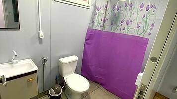 Une salle de bain avec des toilettes, un lavabo et un rideau de douche.