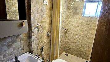 Shower, towels, soap, toilet paper