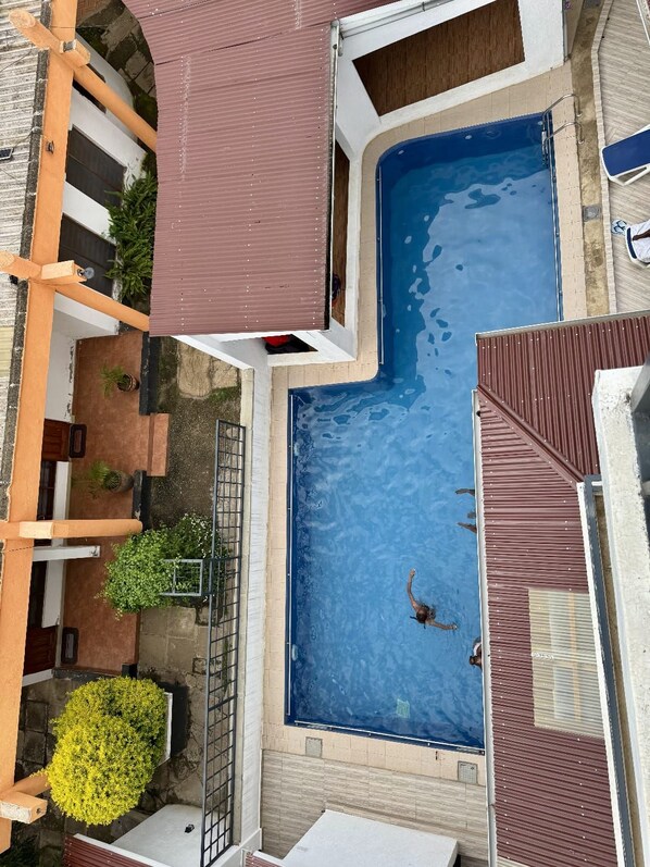 A rooftop swimming pool with two people swimming, surrounded by buildings with balconies and potted plants.