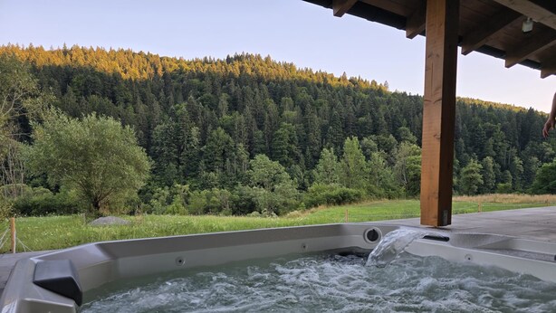 Ein Whirlpool mit Blick auf einen bewaldeten Hang.