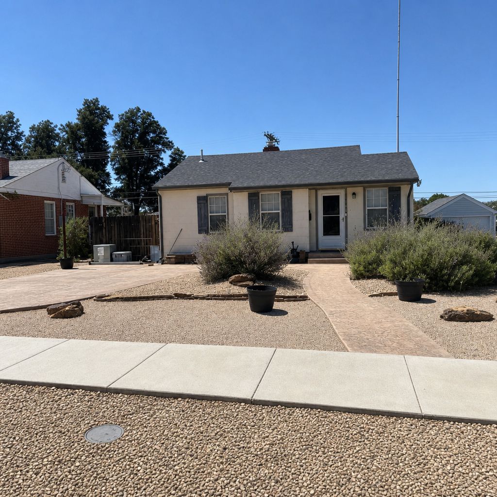 A residential house with a front yard, a driveway, and a clear sky.