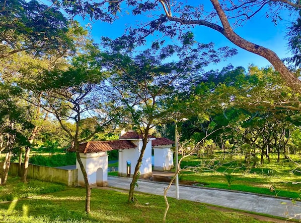 A serene outdoor setting with a pathway leading to a small building with a tiled roof, surrounded by lush greenery and trees.