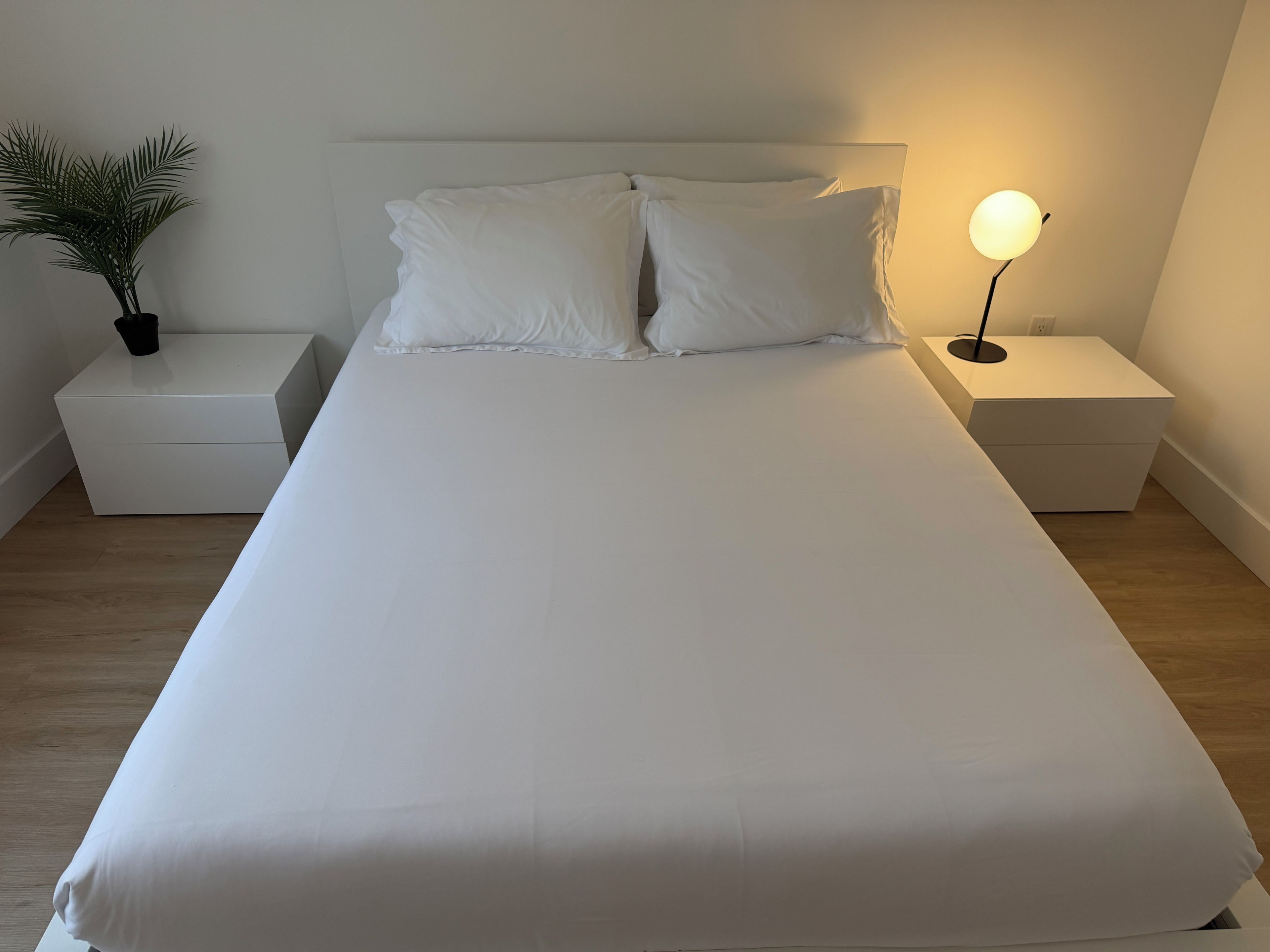 A single bed with white bedding, two bedside tables, a floor lamp, and a potted plant.