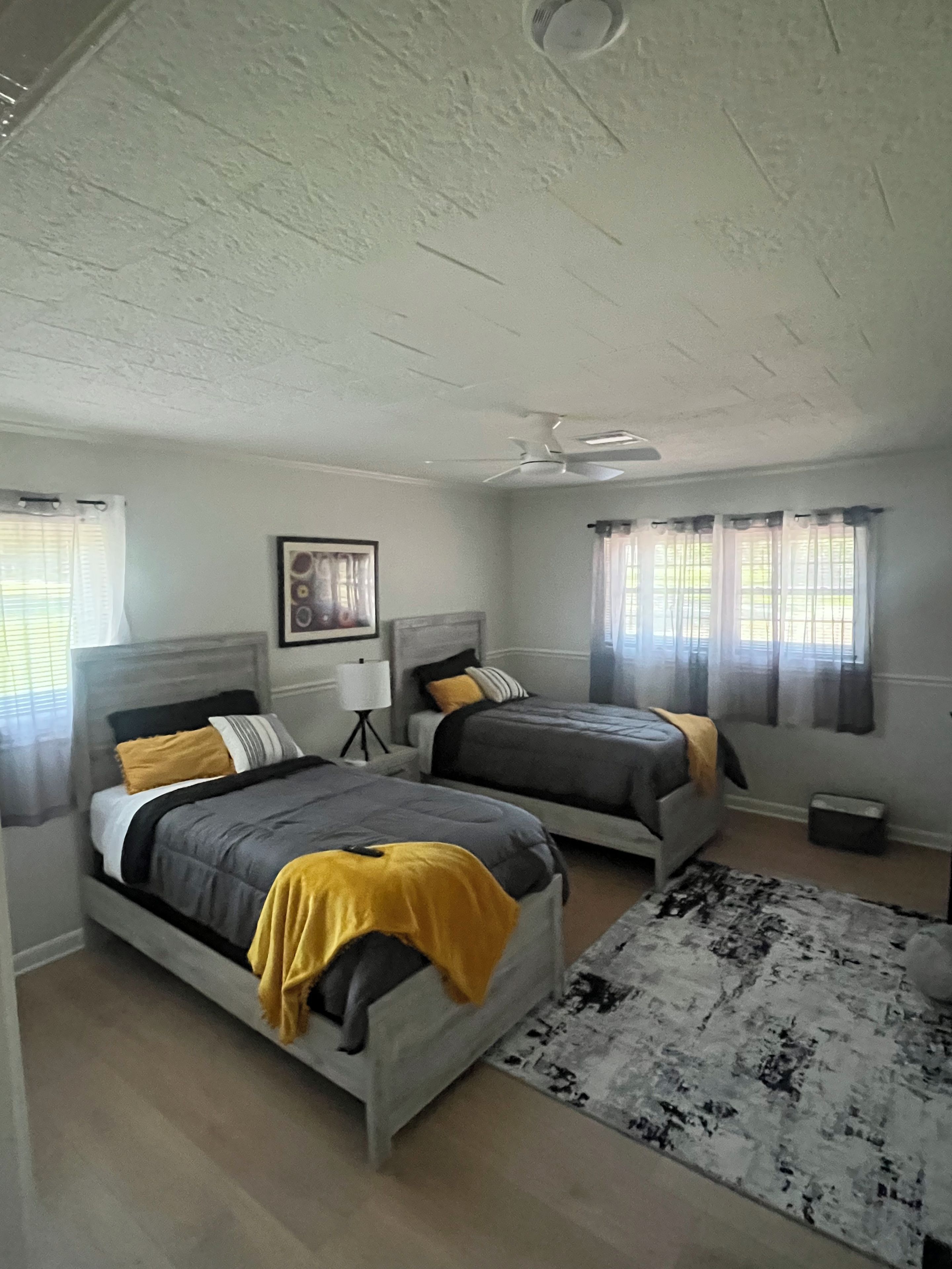 Una camera da letto con due letti, una ventola a soffitto e un tappeto.