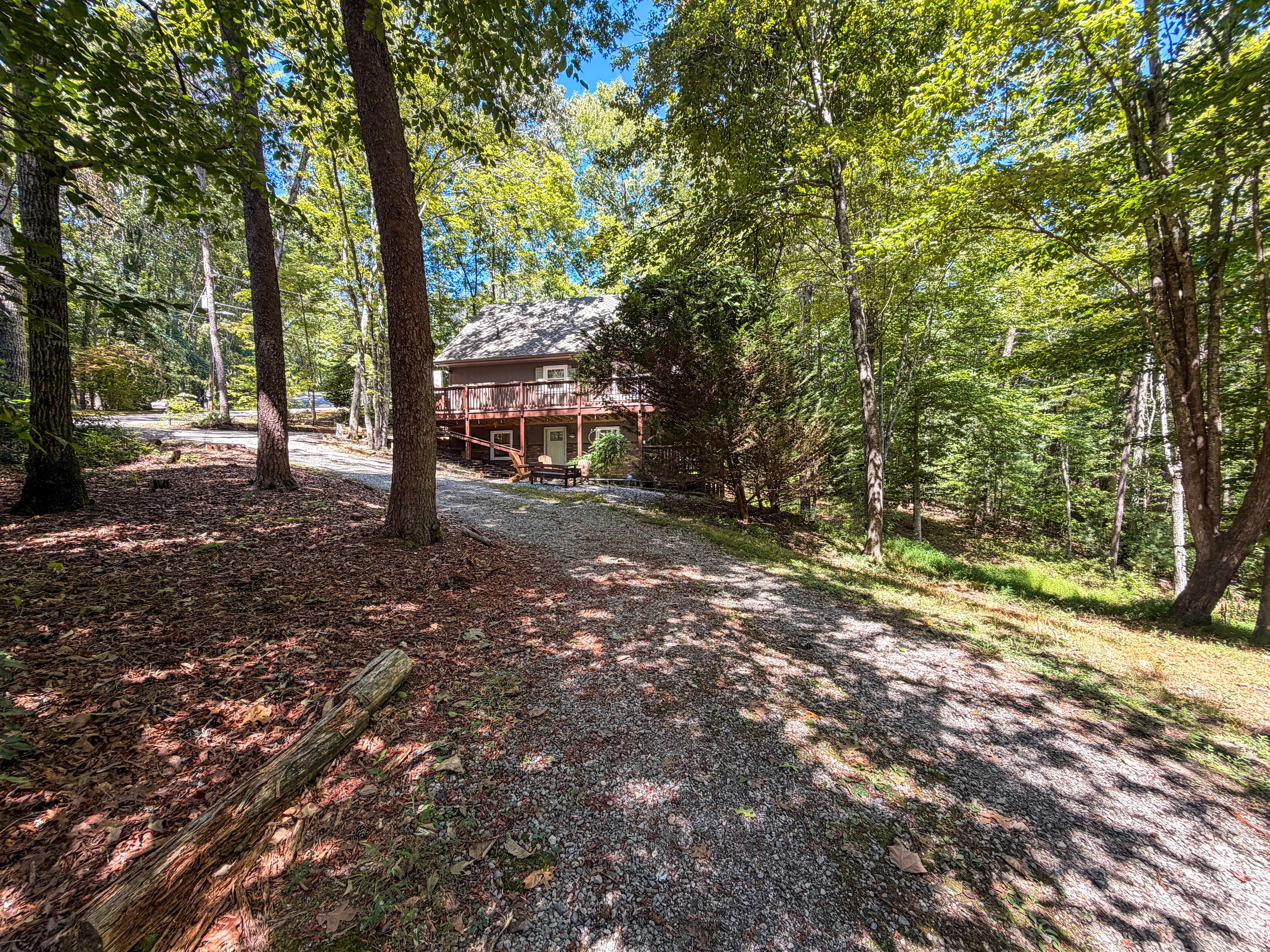 A cabin with a porch and a gravel driveway surrounded by trees.