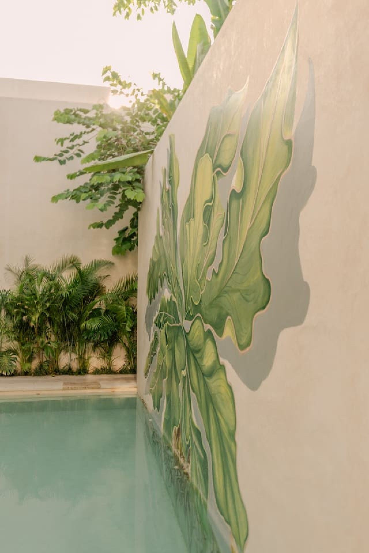 A swimming pool with a mural of large leaves on the adjacent wall.