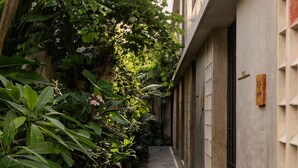 A narrow pathway flanked by lush greenery and a building with a modern facade. - Lepan · 1 rec · 1 baño · Balcón privado en Centro (Mérida)