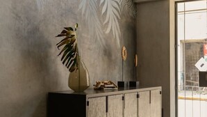 A modern interior with a concrete wall, a potted plant, and a glass door leading outside. - Lepan · 1 rec · 1 baño · Balcón privado en Centro (Mérida)