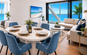 A modern living room with a dining area, large windows with a view of the ocean, and a cozy seating arrangement. - Harmony Oceanview 2BR Suite | Jewel + Parking (Surfers Paradise)