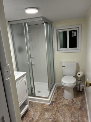A bathroom with a glass-enclosed shower, a toilet, and a window.