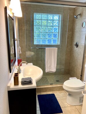 Ein Badezimmer mit Duschkabine, Waschbecken, Toilette und Spiegel.