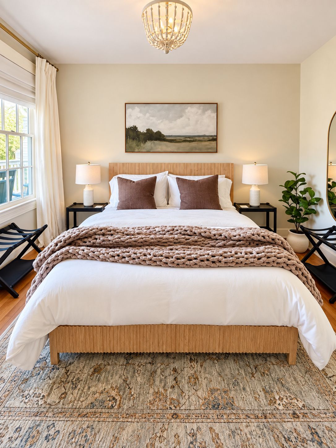 A bedroom with a large bed, two bedside tables, a chandelier, a painting, and a view of the outdoors.