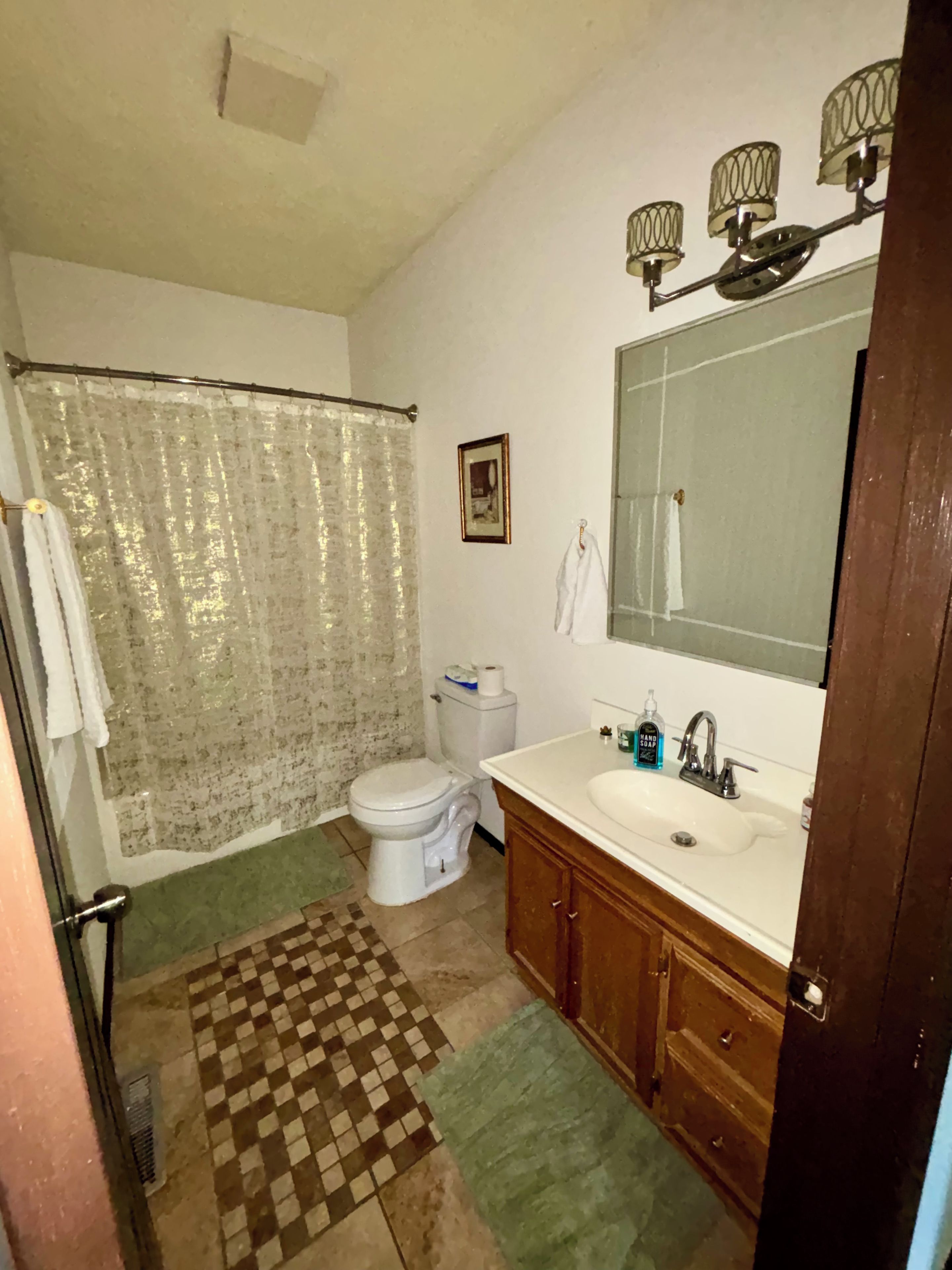 A bathroom with a toilet, sink, mirror, and shower curtain.
