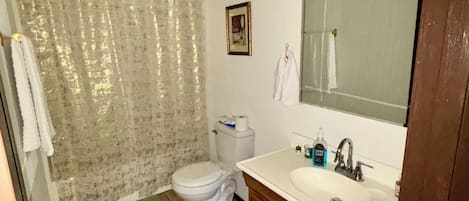 A bathroom with a toilet, sink, mirror, and shower curtain.