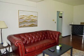 Um sofá de couro vermelho, uma mesinha com um controle remoto e um quadro na parede.