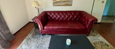 A red leather sofa, a lamp, a painting, and a coffee table in a room with a patterned rug.