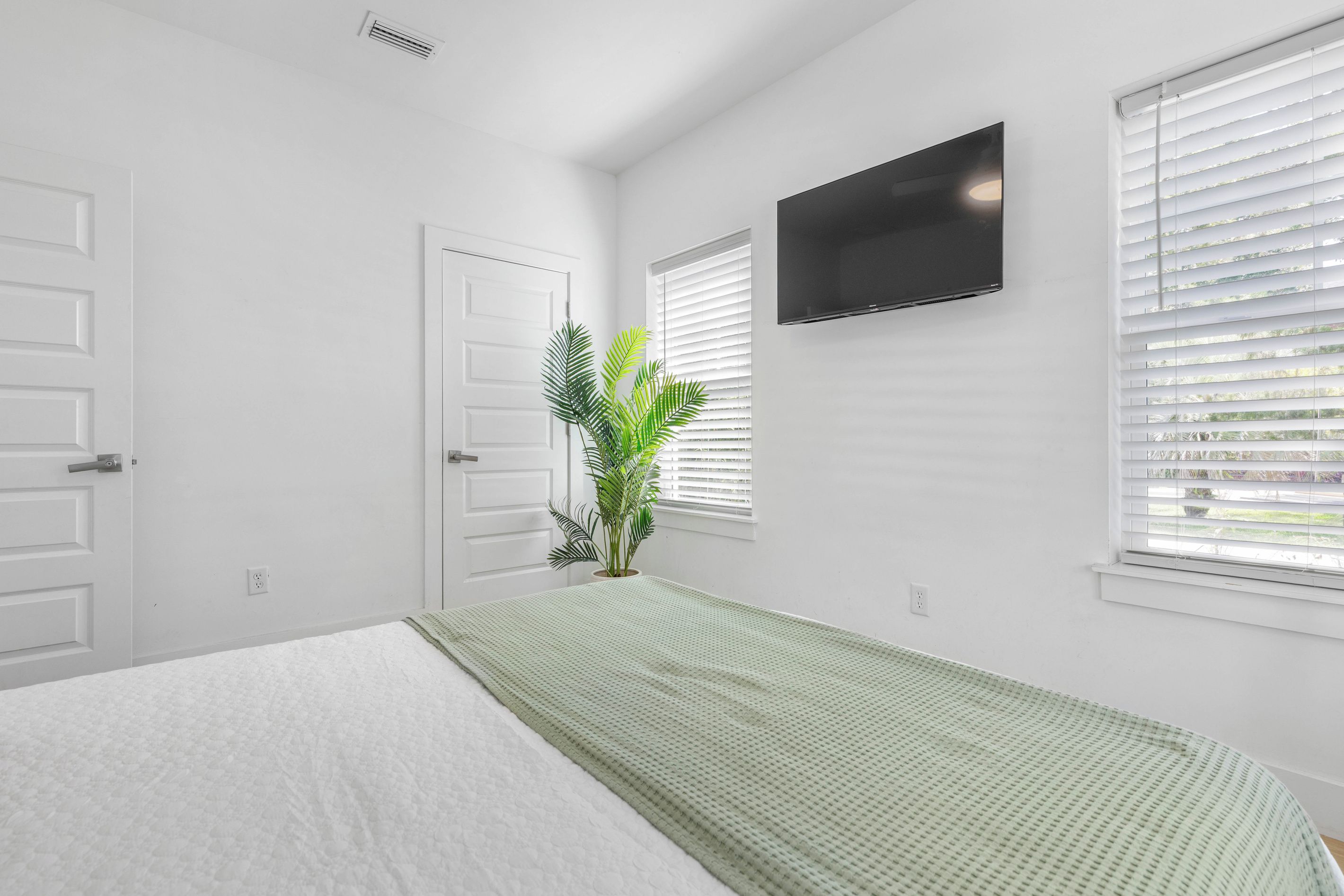 Une chambre à coucher avec un lit, une plante en pot, un téléviseur et deux fenêtres équipées de stores.