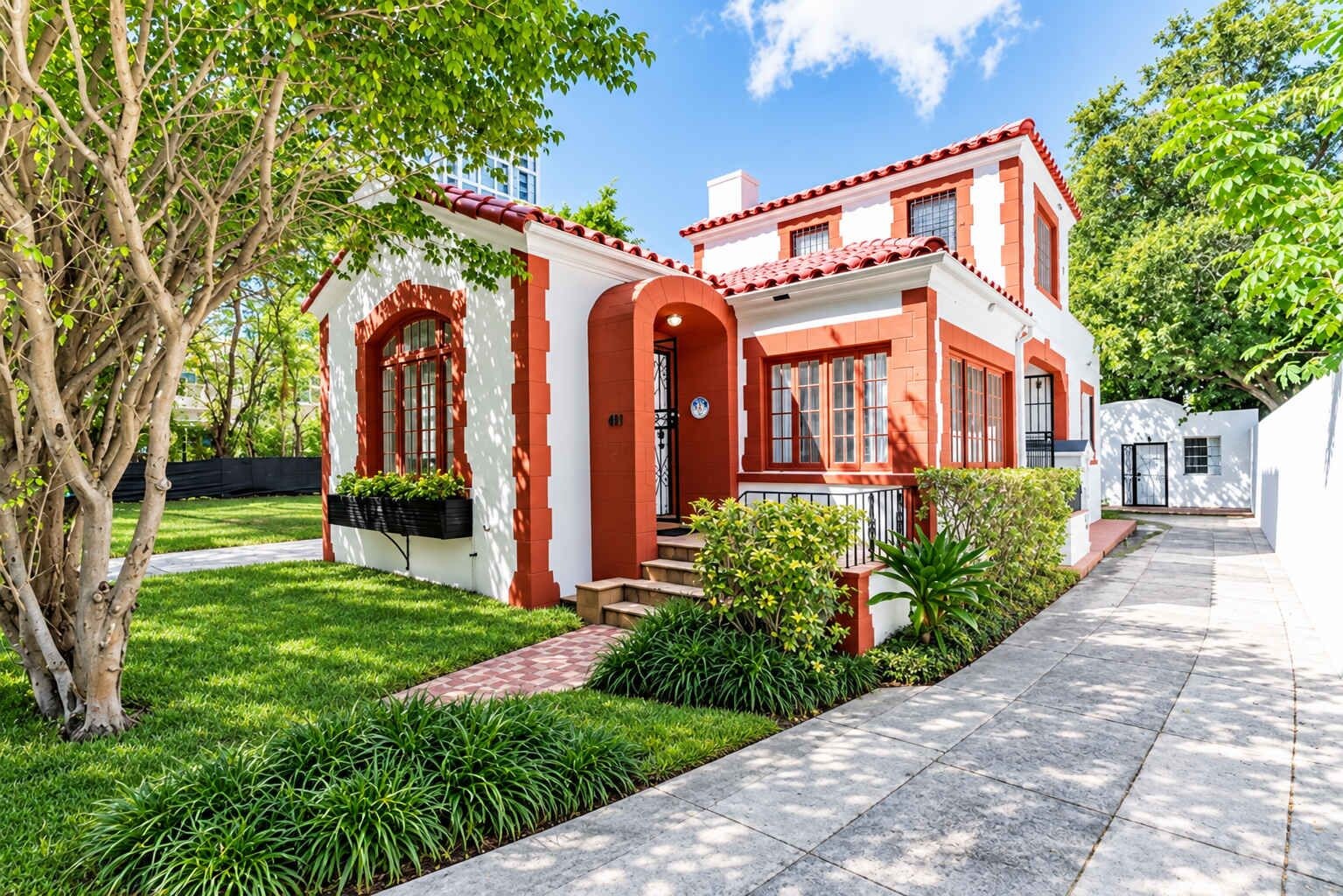 A two-story house with a red and white exterior, a front porch, and a well-maintained garden.