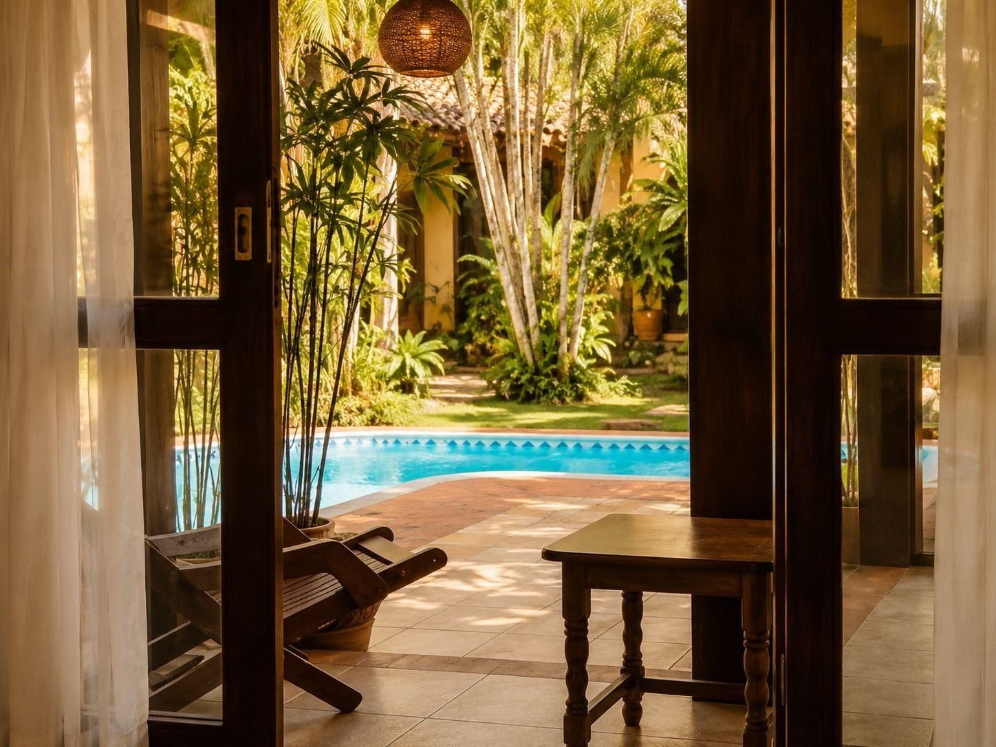 Zona de piscina interior con vista a un jardín tropical, un banco de madera y una mesa.
