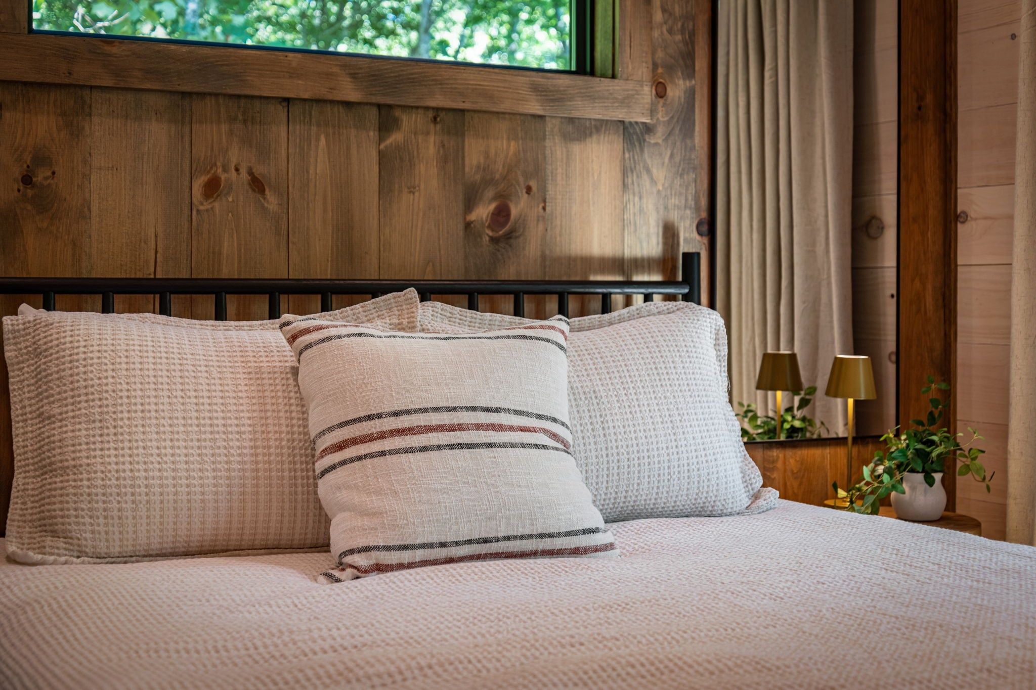 A bed with a wooden headboard, two pillows, and a nightstand with a lamp and a plant.