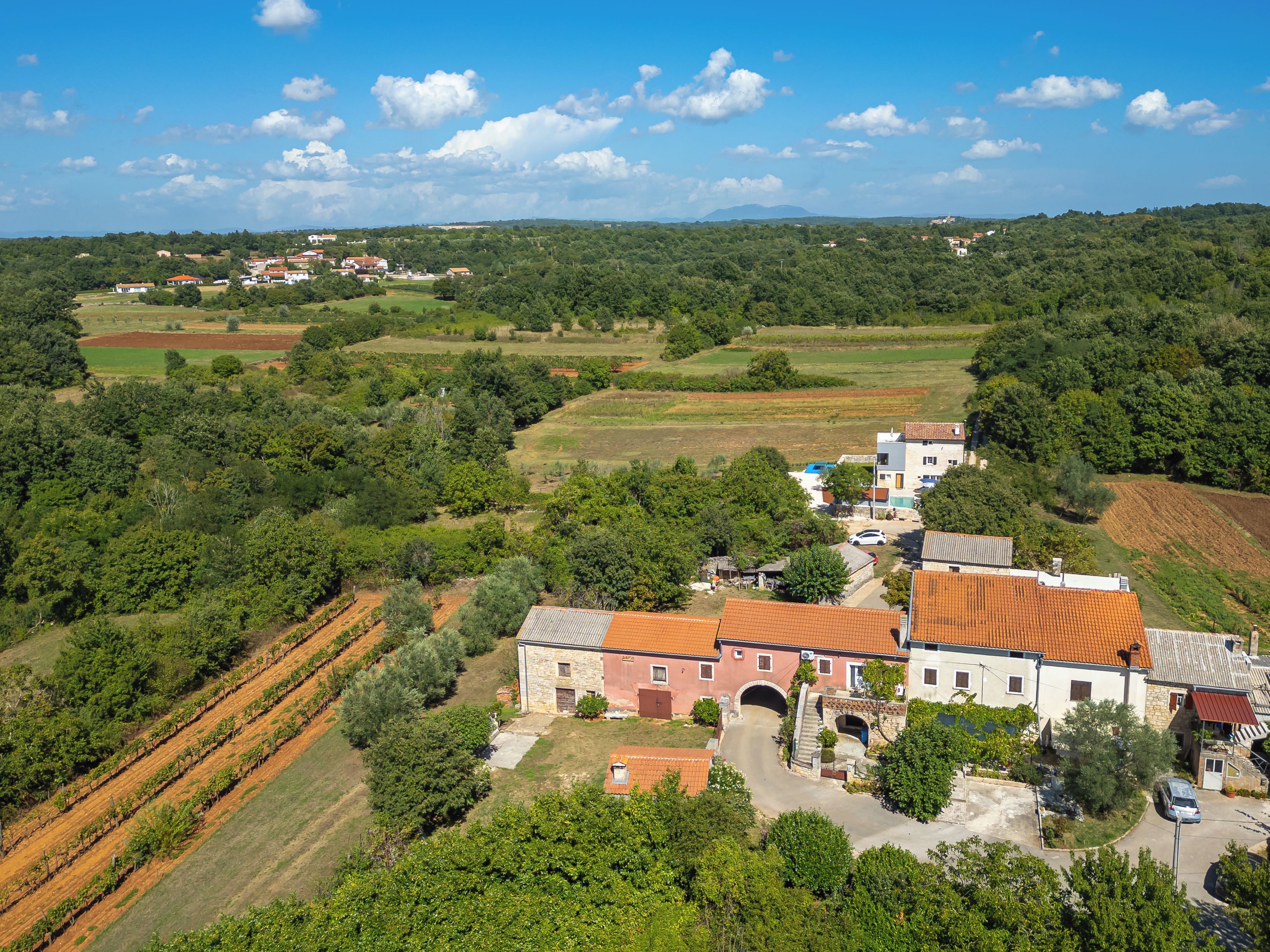 Ein ländliches Anwesen mit Weinbergen, einem Steinhaus mit rotem Ziegeldach und einer kleinen Brücke.