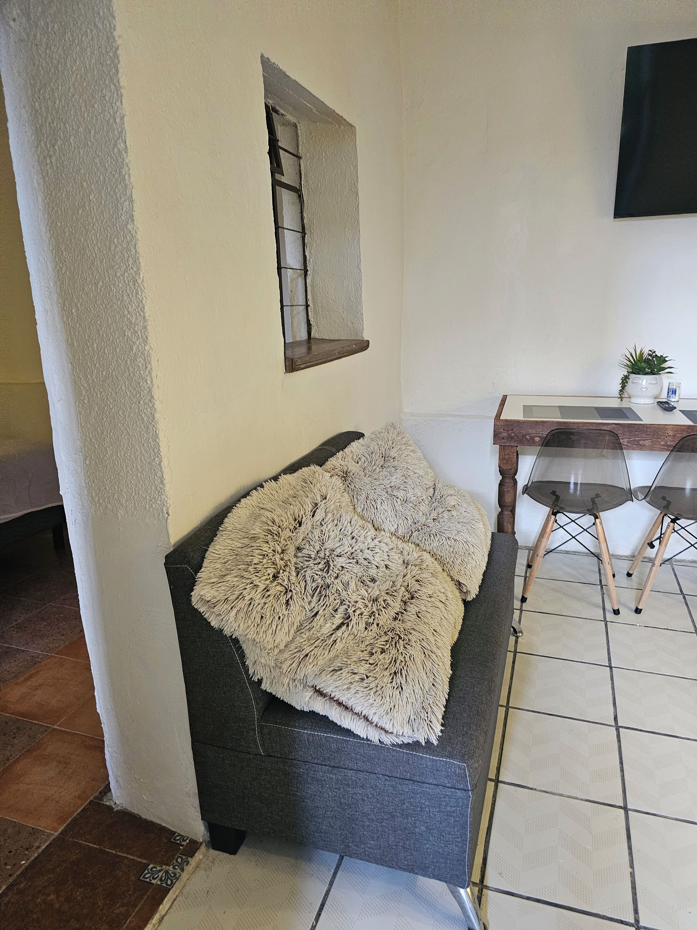 A room with a grey sofa, a small window, a wooden table with a plant, and a tiled floor.