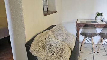 A room with a grey sofa, a small window, a wooden table with a plant, and a tiled floor.
