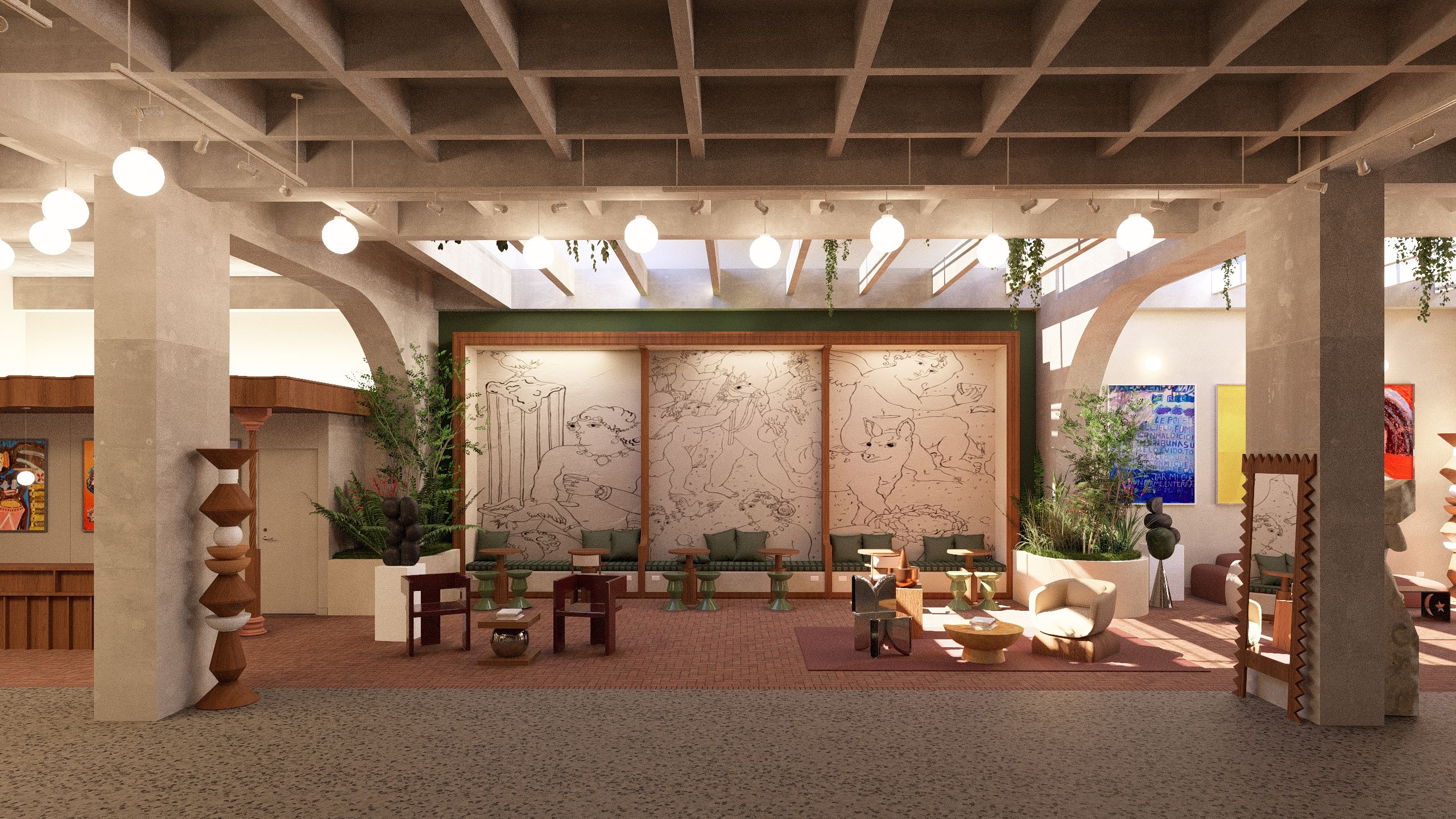A spacious lobby with a high ceiling, seating areas, and a large wall with artistic designs.