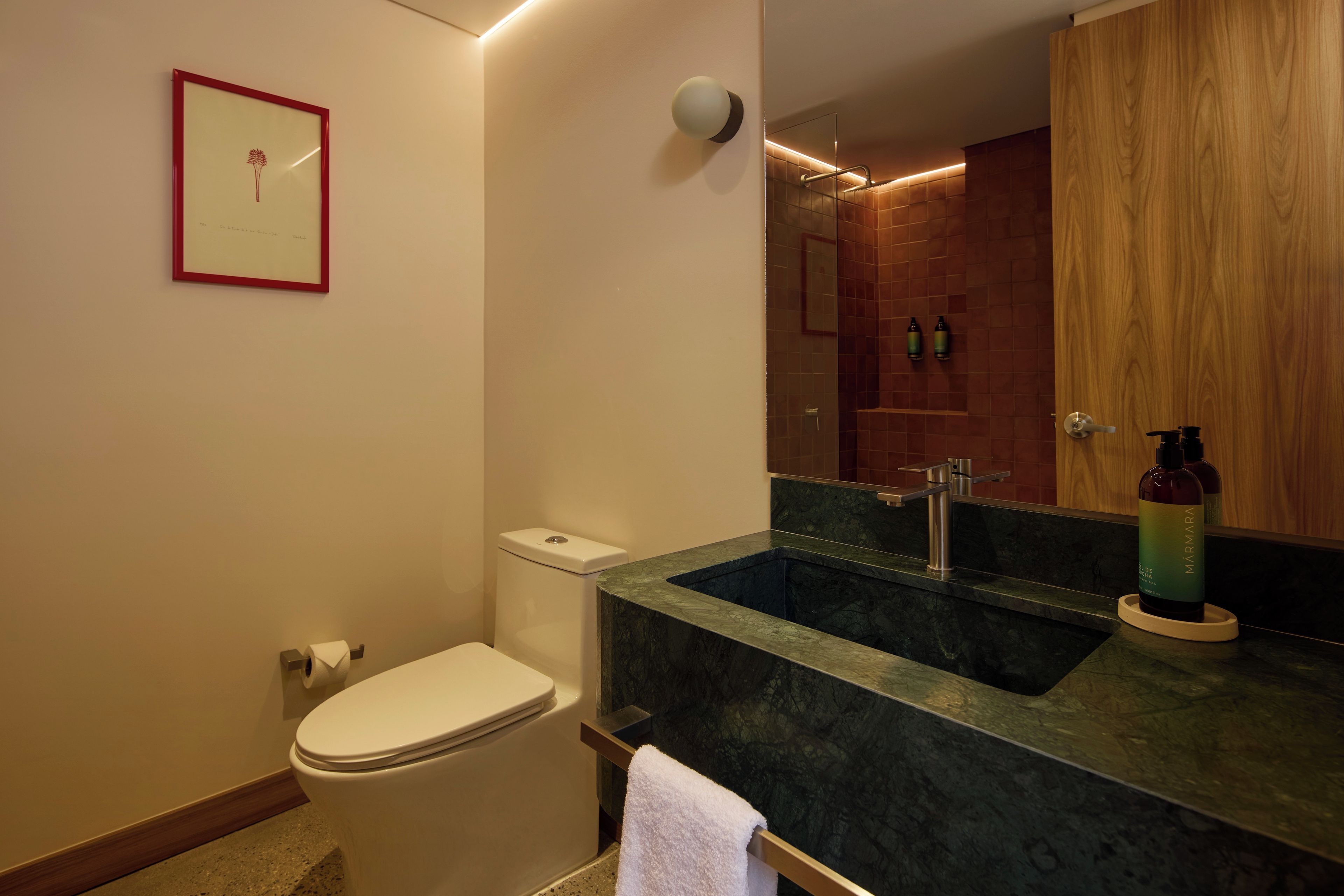 A modern bathroom with a toilet, sink, and mirror.