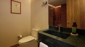 A modern bathroom with a toilet, sink, and mirror.