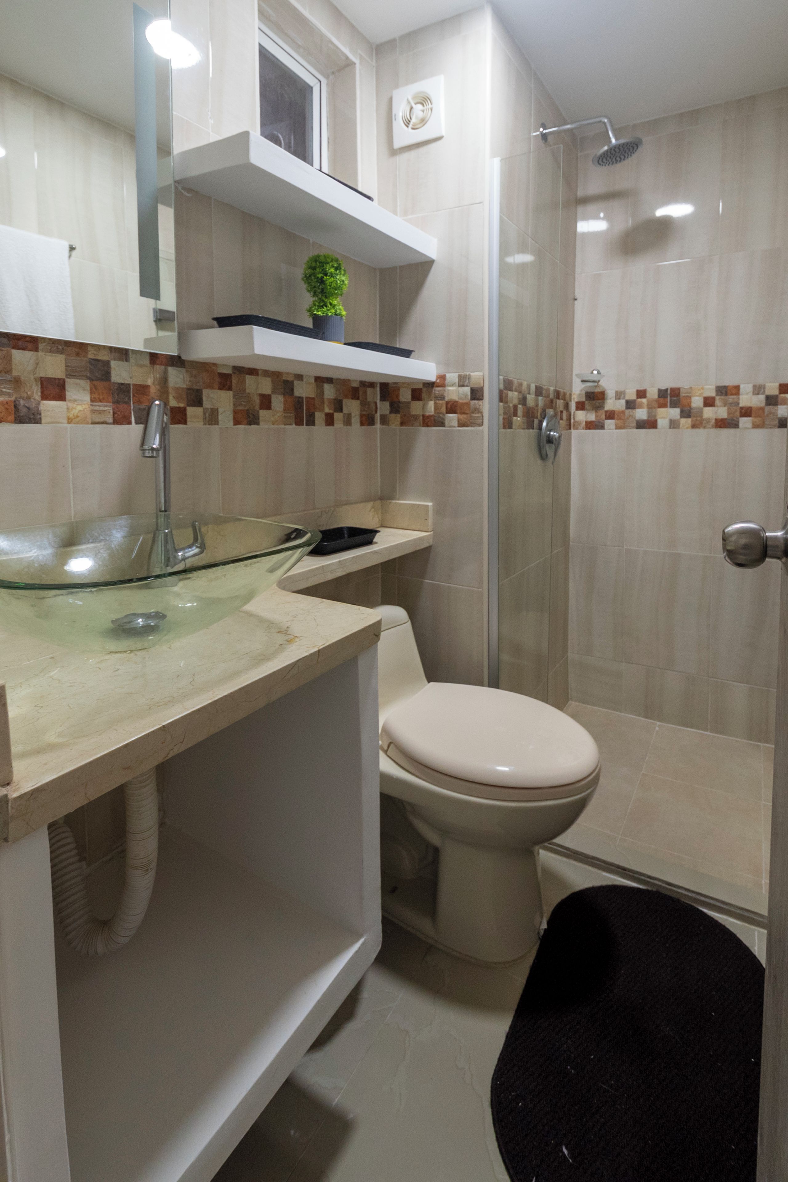 Un baño con cabina de ducha de vidrio, inodoro, lavabo con recipiente de vidrio y estante con una planta.