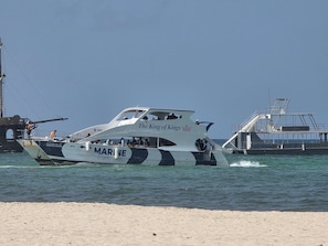 Ein Boot namens 'The King of Kings' mit dem Schriftzug 'MARINE Punta Cana' an der Seite, liegt an einem sandigen Strand festgemacht.