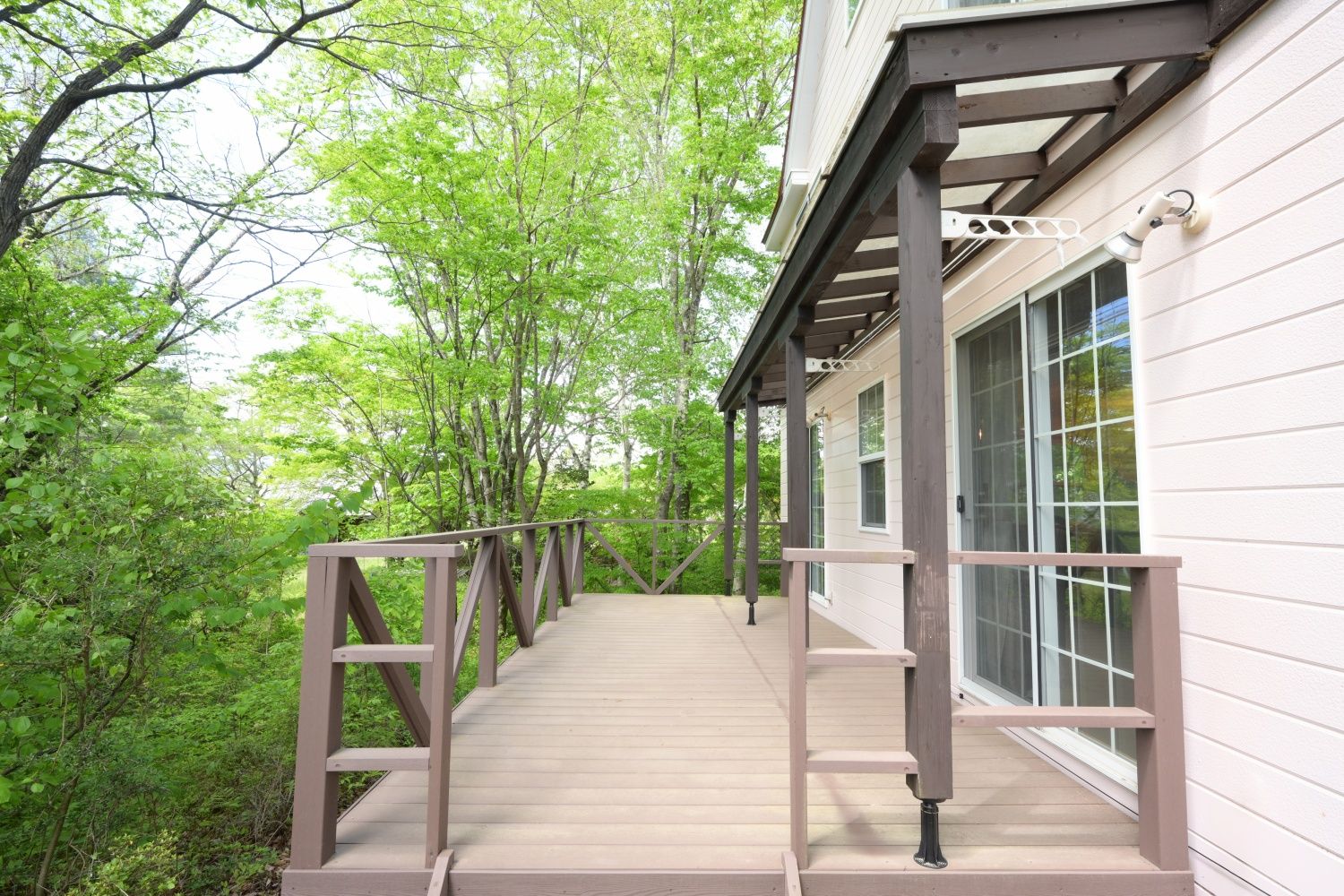 A wooden deck leading to a building with large windows, surrounded by lush greenery.
