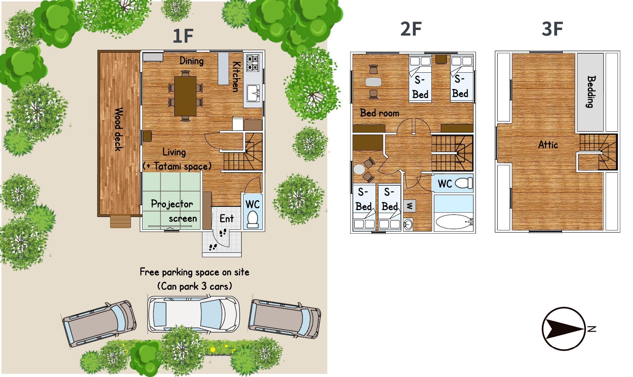Three floor plans of a hotel with a dining area, kitchen, living room, and free parking space.