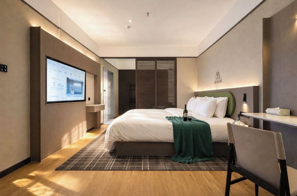 Una habitación de hotel moderna con cama, escritorio y televisión.