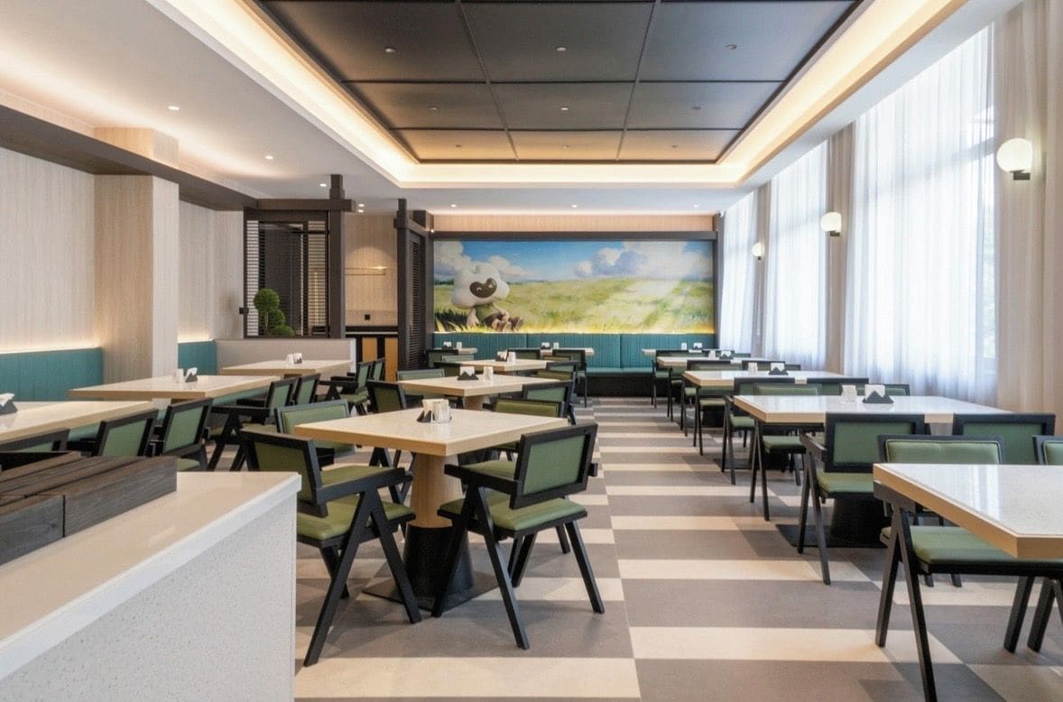 A restaurant with multiple tables and chairs, a mural on the wall, and large windows.