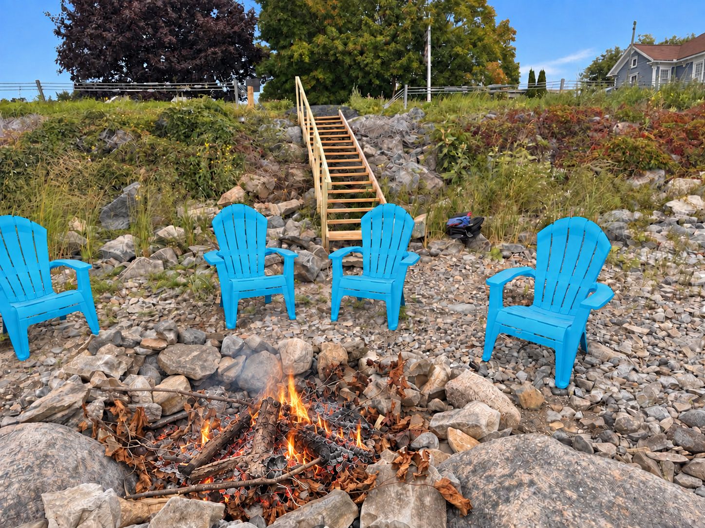 Ein Lagerfeuer mit Holzscheiten und Steinen, umgeben von drei blauen Adirondack-Stühlen.