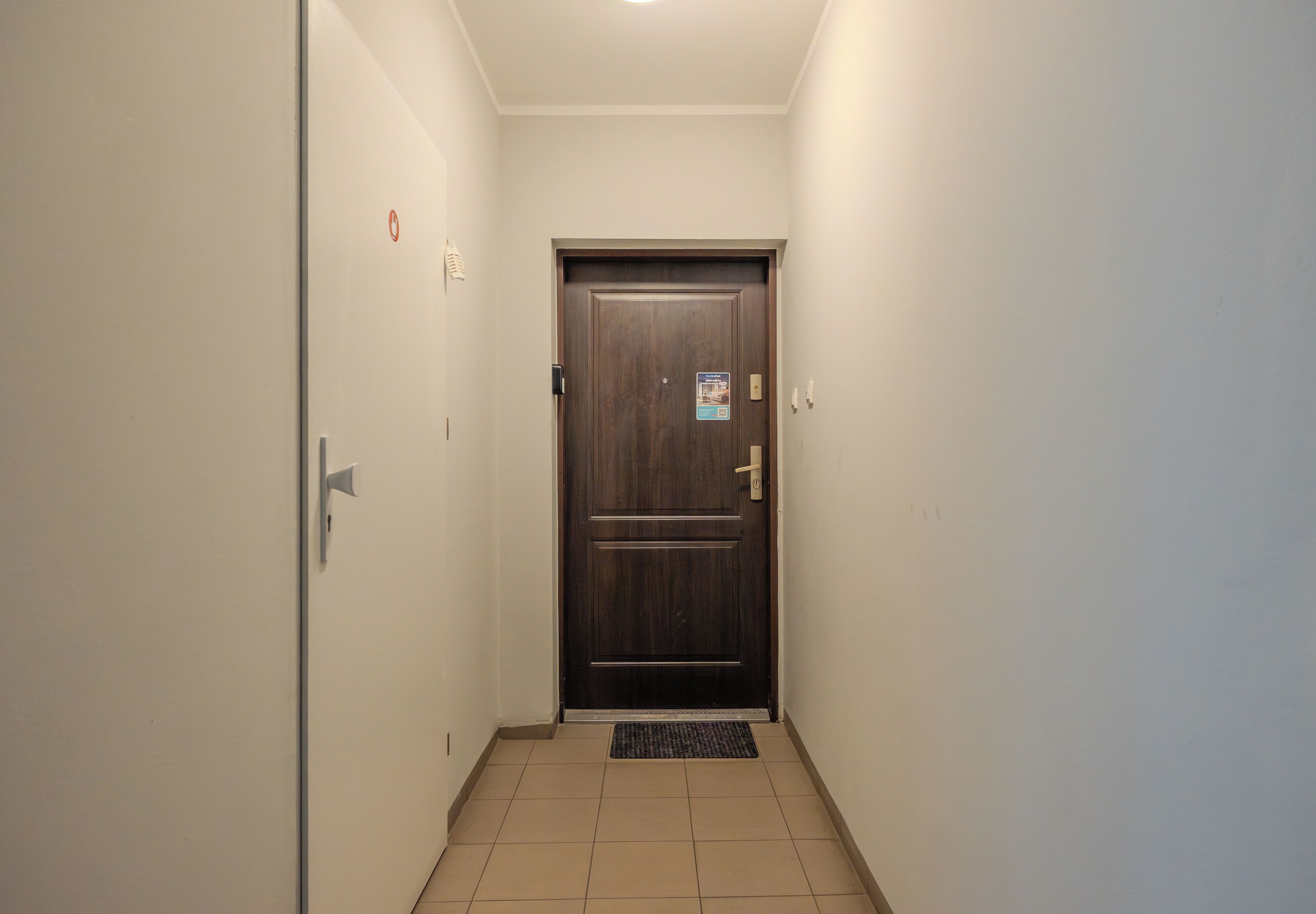 A narrow hallway with a dark wooden door at the end, a light switch, and a doormat on the floor.