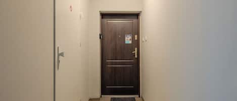 Un couloir étroit, avec une porte en bois sombre au fond, un interrupteur et un paillasson sur le sol.