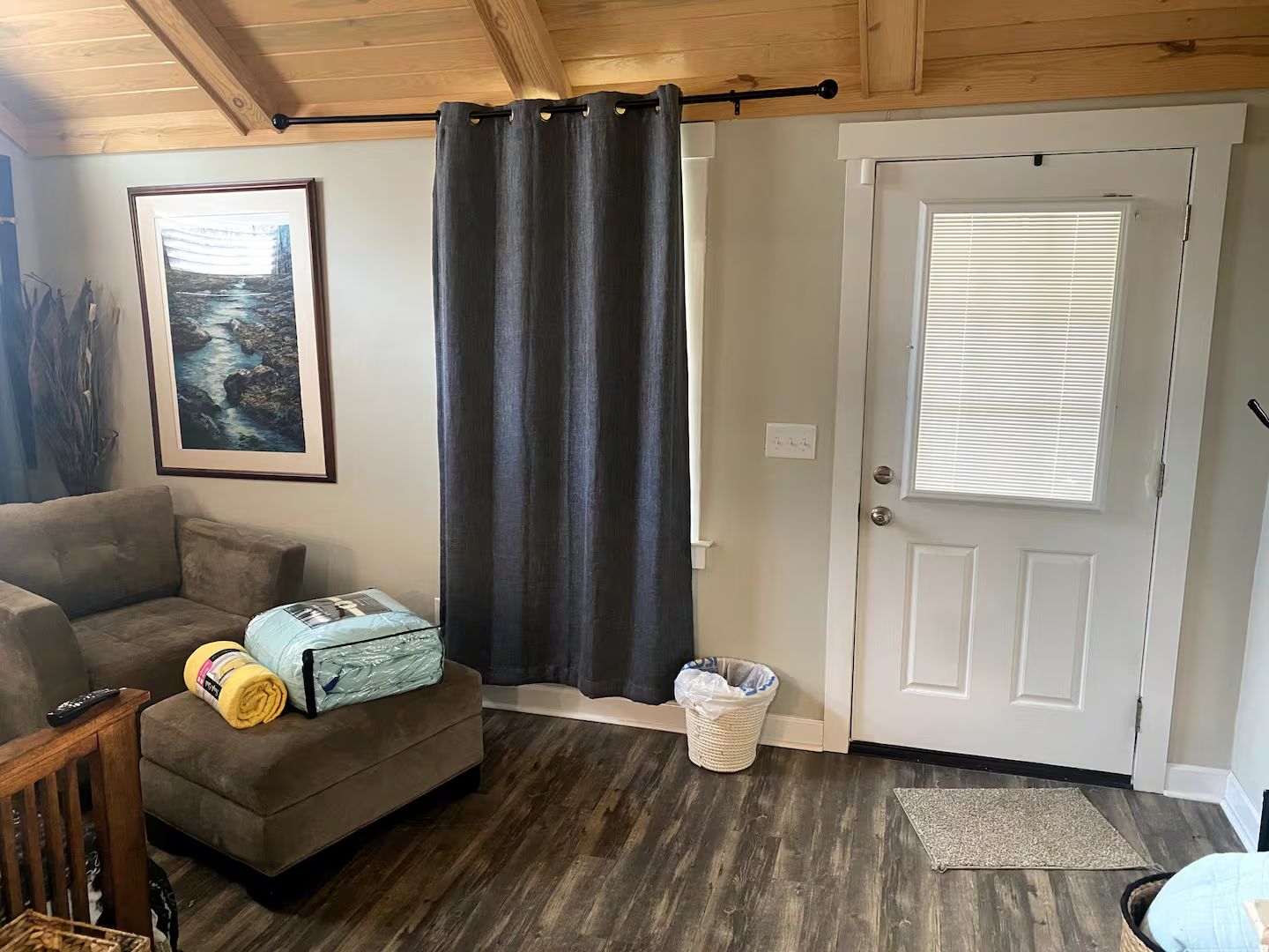 A room with a sofa, a framed picture, a door with a window, and a trash bin.