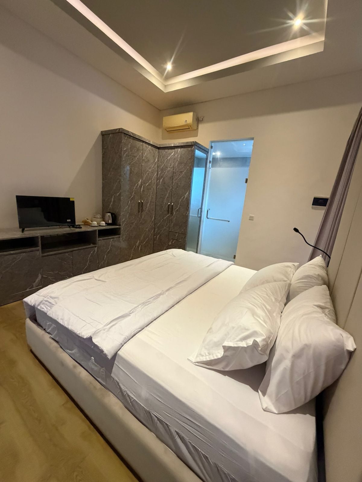 A modern bedroom with a large bed, a wardrobe, a television, and a shower area.