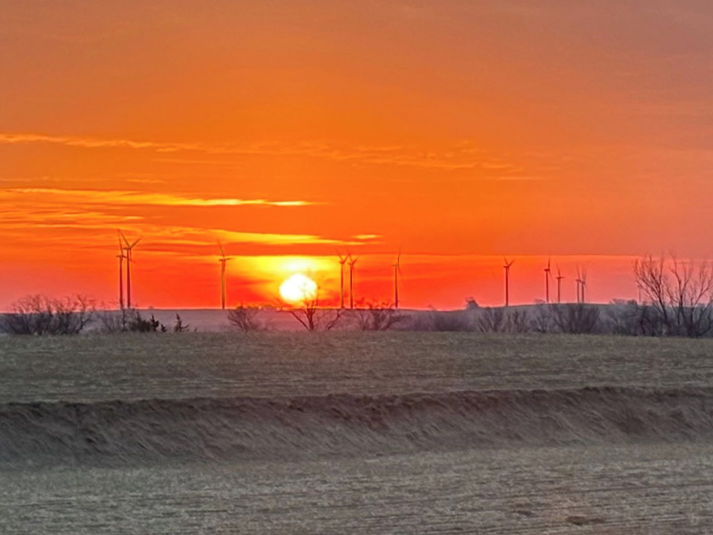A sunset over a flat landscape with wind turbines in the distance.