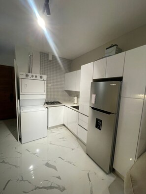 Private kitchen - Urban Oasis Ocean-View Studio with Balcony (Santo Domingo)